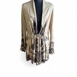 Nic + Zoe cream and brown kimono cardigan with drawstring waist Size Medium
